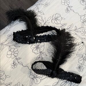 Elegant Black Feathered Headband 2 pairs